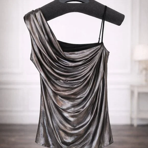 NWT Ralph Lauren Purple Label Asteroid Metallic One-Shoulder Top M - Picture 2 of 3